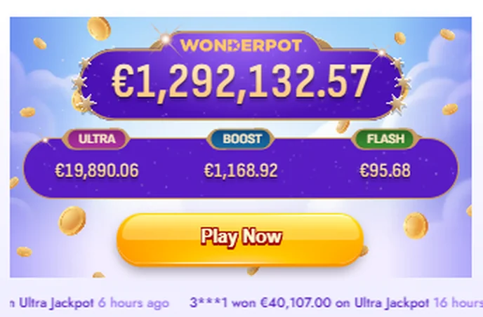 WonderPot progressive jackpot ticker showing the headline jackpot over 1.2 million euros plus the Ultra, Boost and Flash tiers