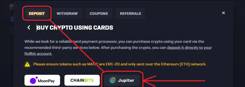 Buying crypto with a card via the Jupiter on-ramp at the cashier
