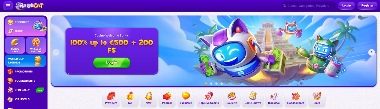Robocat Casino homepage — RoboSlot, Bonus Crab and the welcome bonus